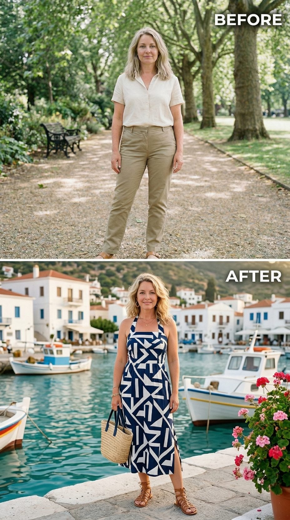 Navy Geometric Halter, Greek Harbor Light, What Pattern Scale Does to Posture