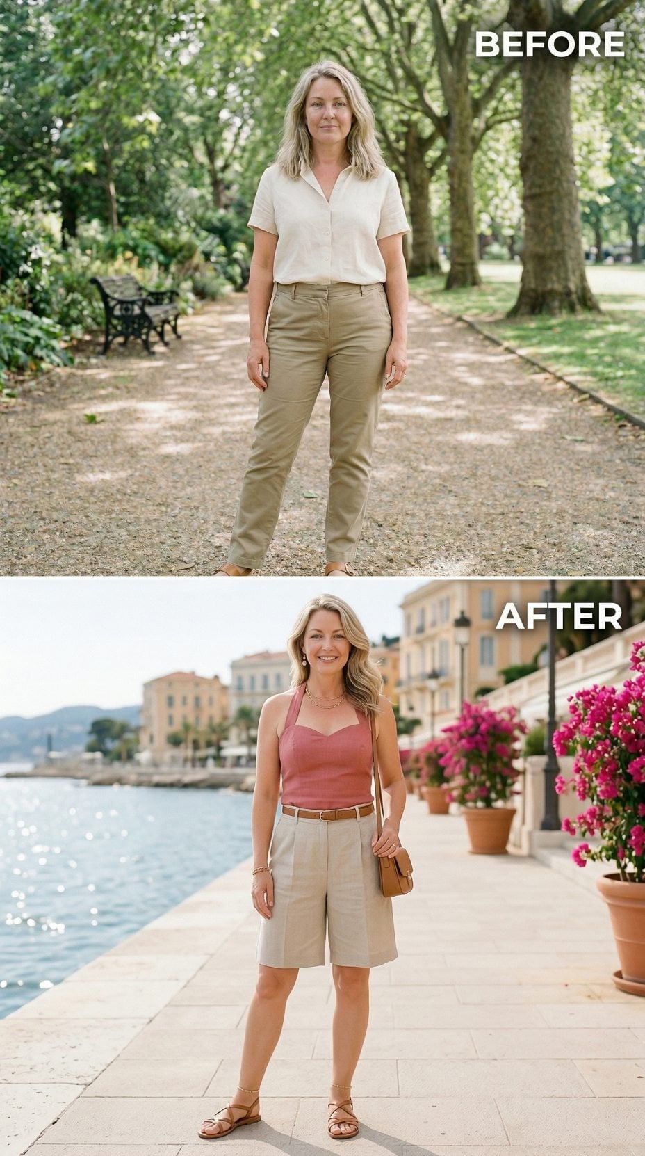 Khaki Trousers, Park Bench Light, Rose Halter by the Water: What Location and Neckline Do Together