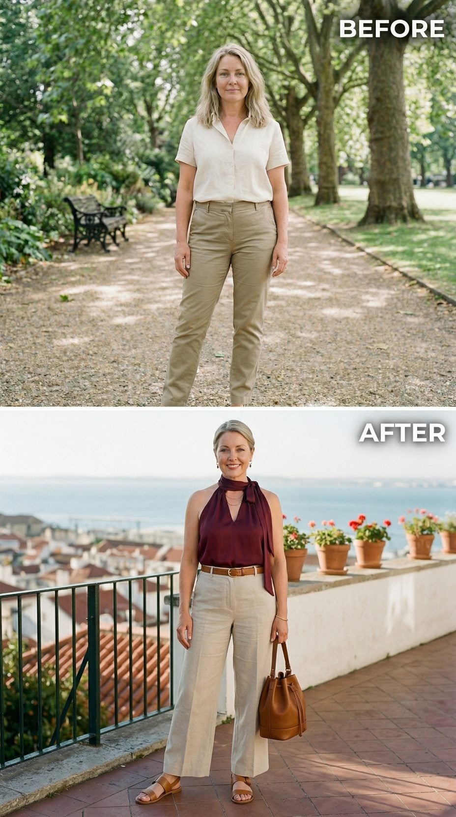 Burgundy Halter, Lisbon Viewpoint, Linen Wide-Legs: What a Tied Neckline Does to the Whole Frame