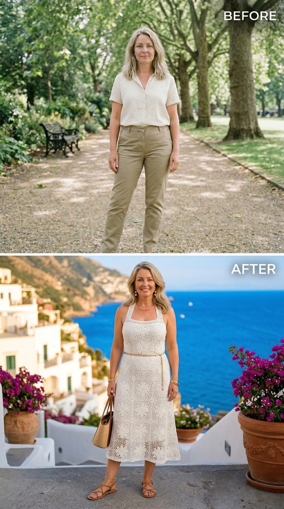 Eyelet Halter, Amalfi Terrace, Gold Chain Belt: What Bare Shoulders Do to the Whole Equation