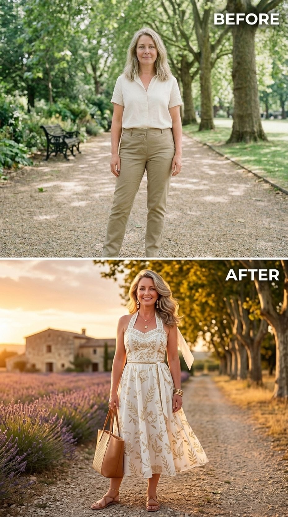 Lavender Fields, Gold-Embroidered Halter, Sunset Light: What Letting Go of Trousers Completely Delivers