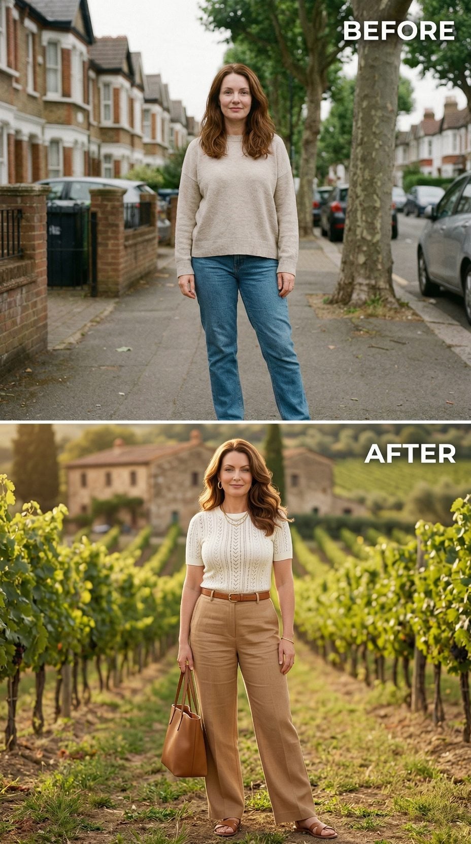 Oatmeal Knit and Blue Jeans Out, Pointelle Top and Tan Wide-Legs In at a Tuscan Vineyard