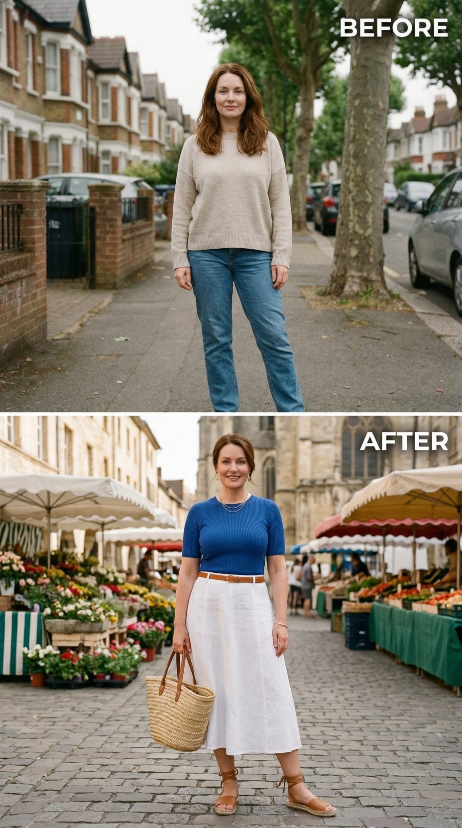Blue Ribbed Knit and White Linen Midi at a Market Square — Same Woman, Sharper Edit
