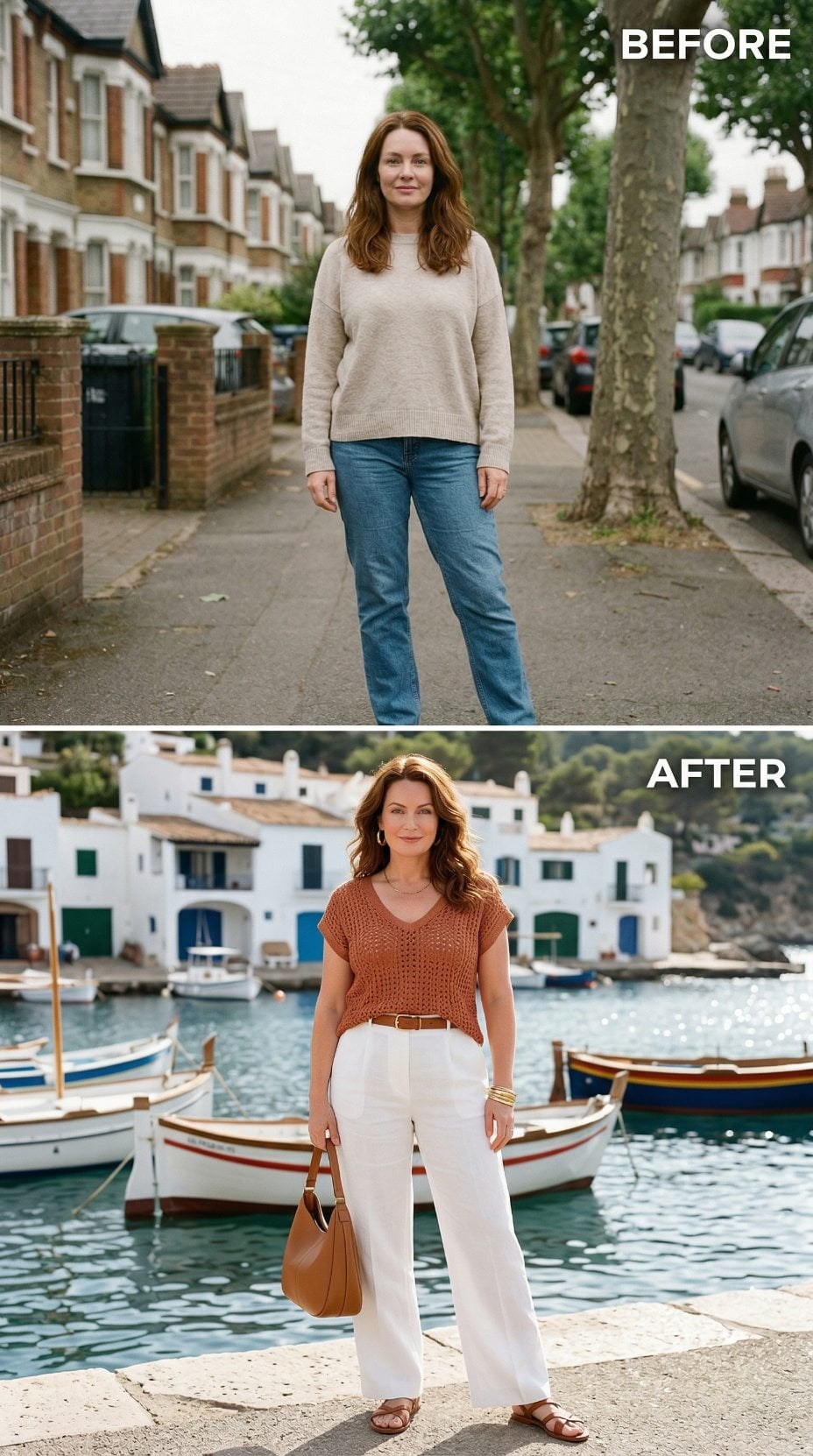 Oatmeal Knit and Blue Jeans Out, Rust Crochet and White Wide-Legs In at a Mediterranean Port