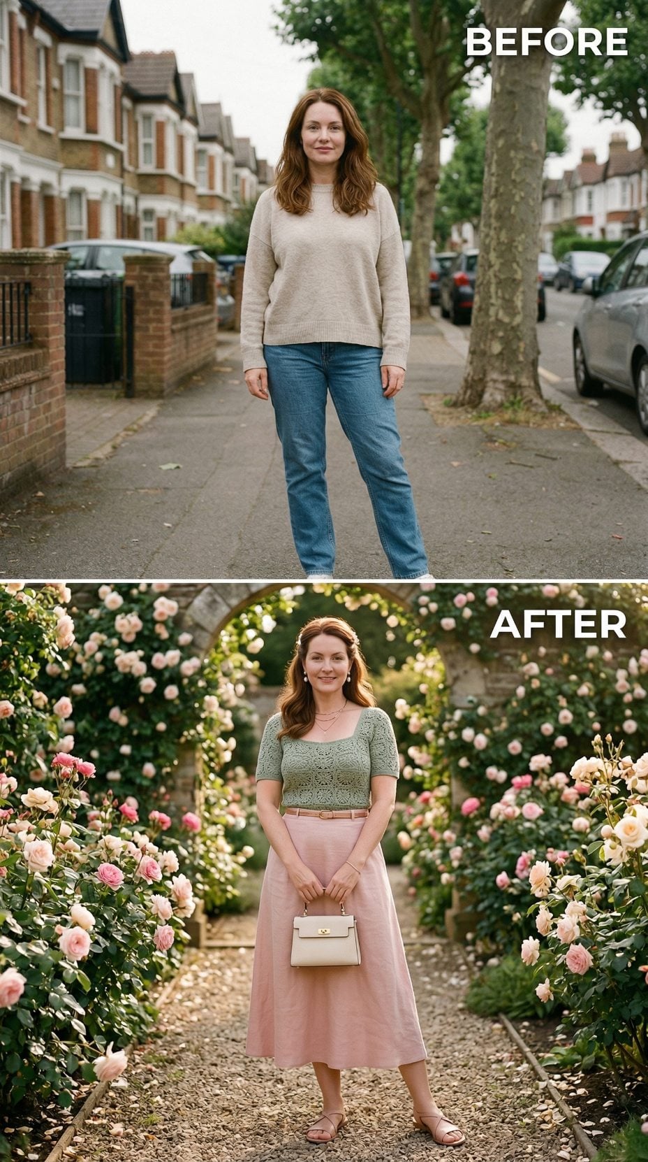 Beige Knit and Blue Jeans Traded for Green Crochet and a Pink Midi Skirt in Full Bloom