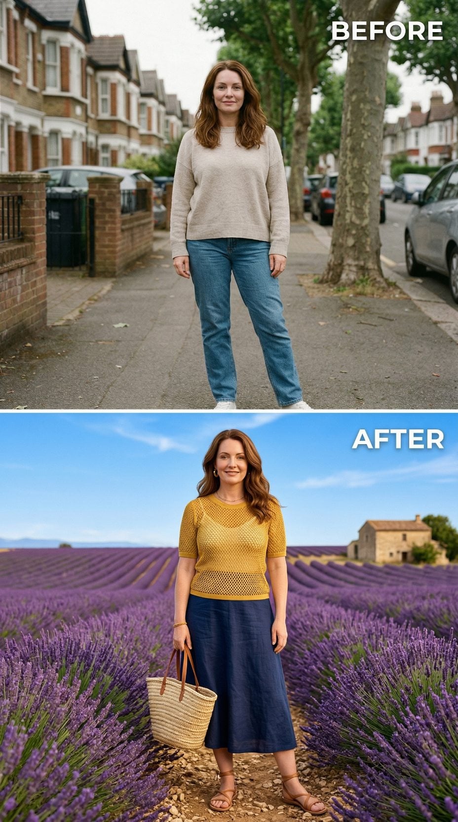 Oatmeal Knit and Straight-Cut Jeans Yield to Yellow Crochet in a Lavender Field