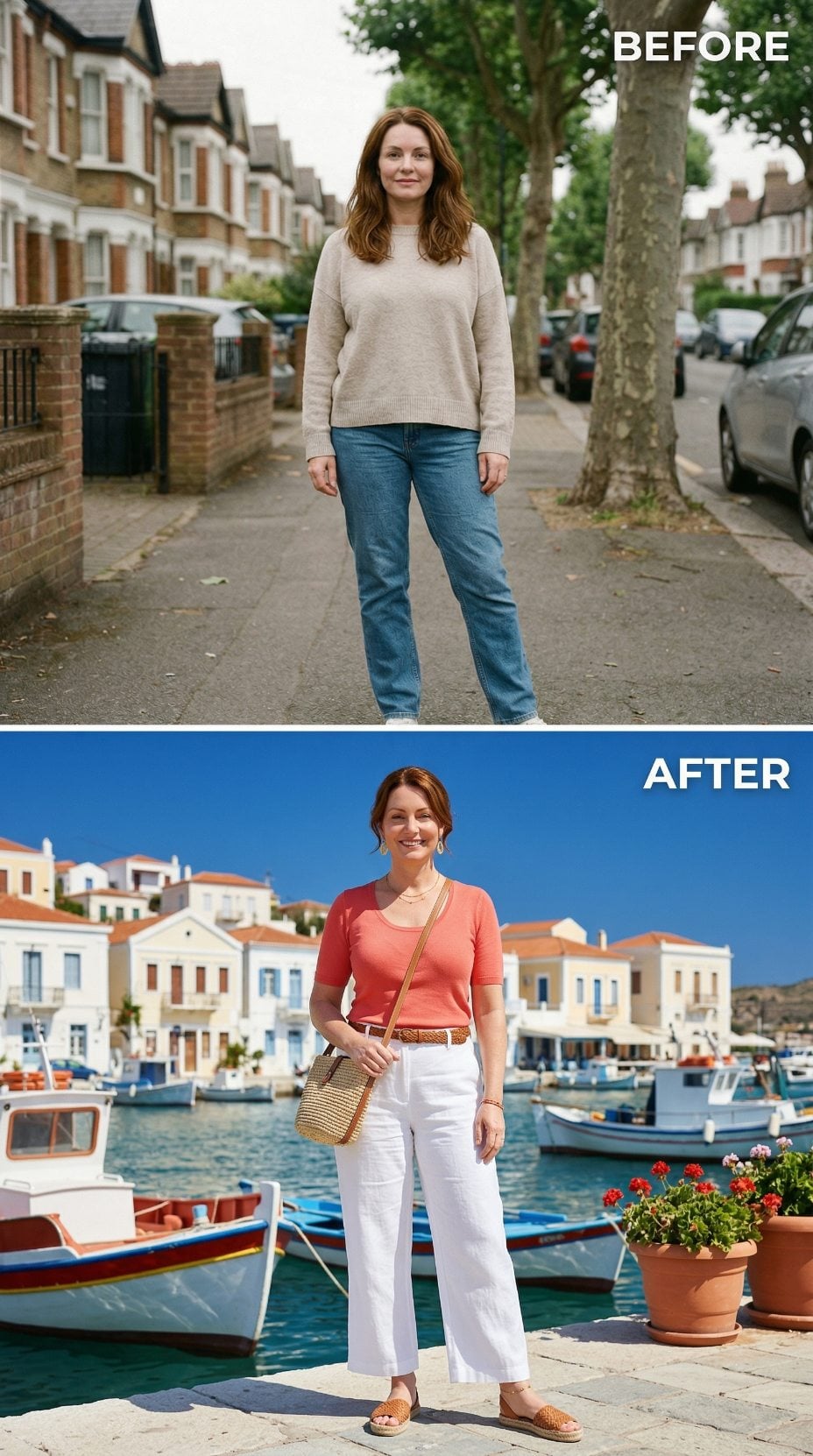 Beige Knit and Straight-Leg Jeans Out, Coral Top and Wide-Leg Linen In
