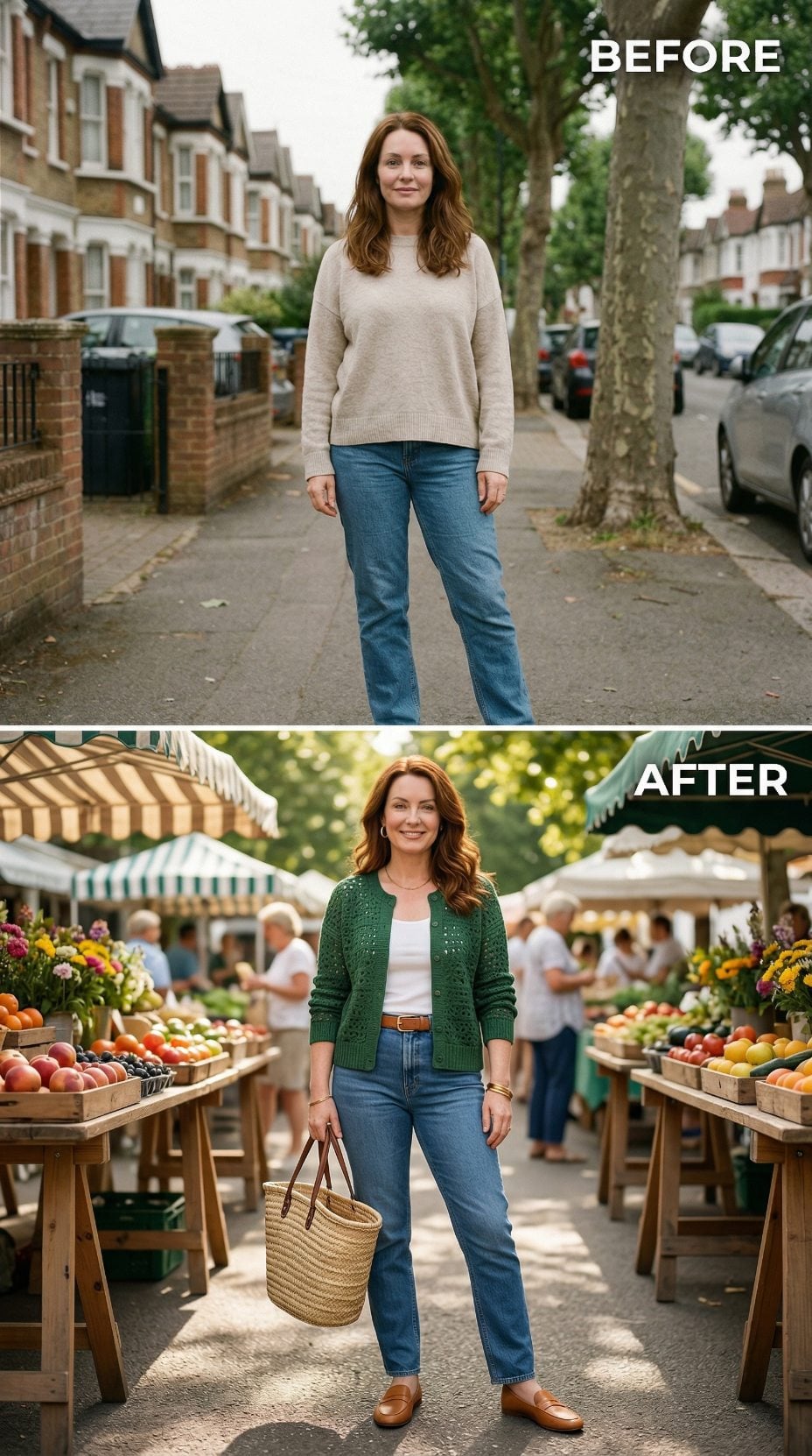 Beige Knit Replaced by Forest Green Cardigan — Same Jeans, Completely Different Story