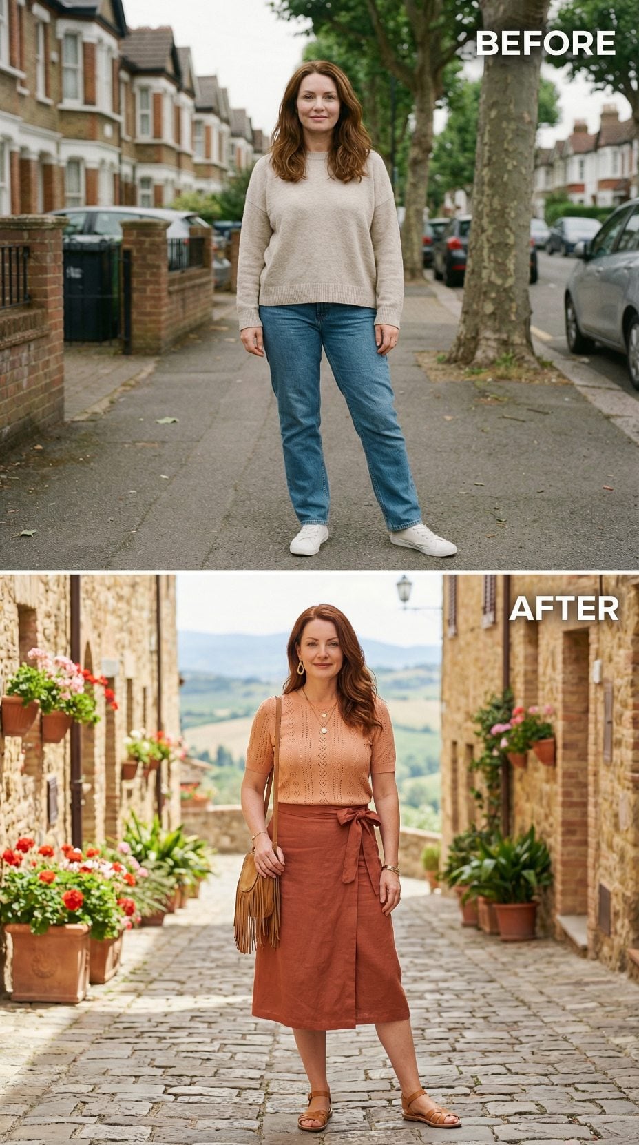 Oatmeal Sweater and Straight-Leg Jeans Replaced by Pointelle Knit and Wrap Skirt