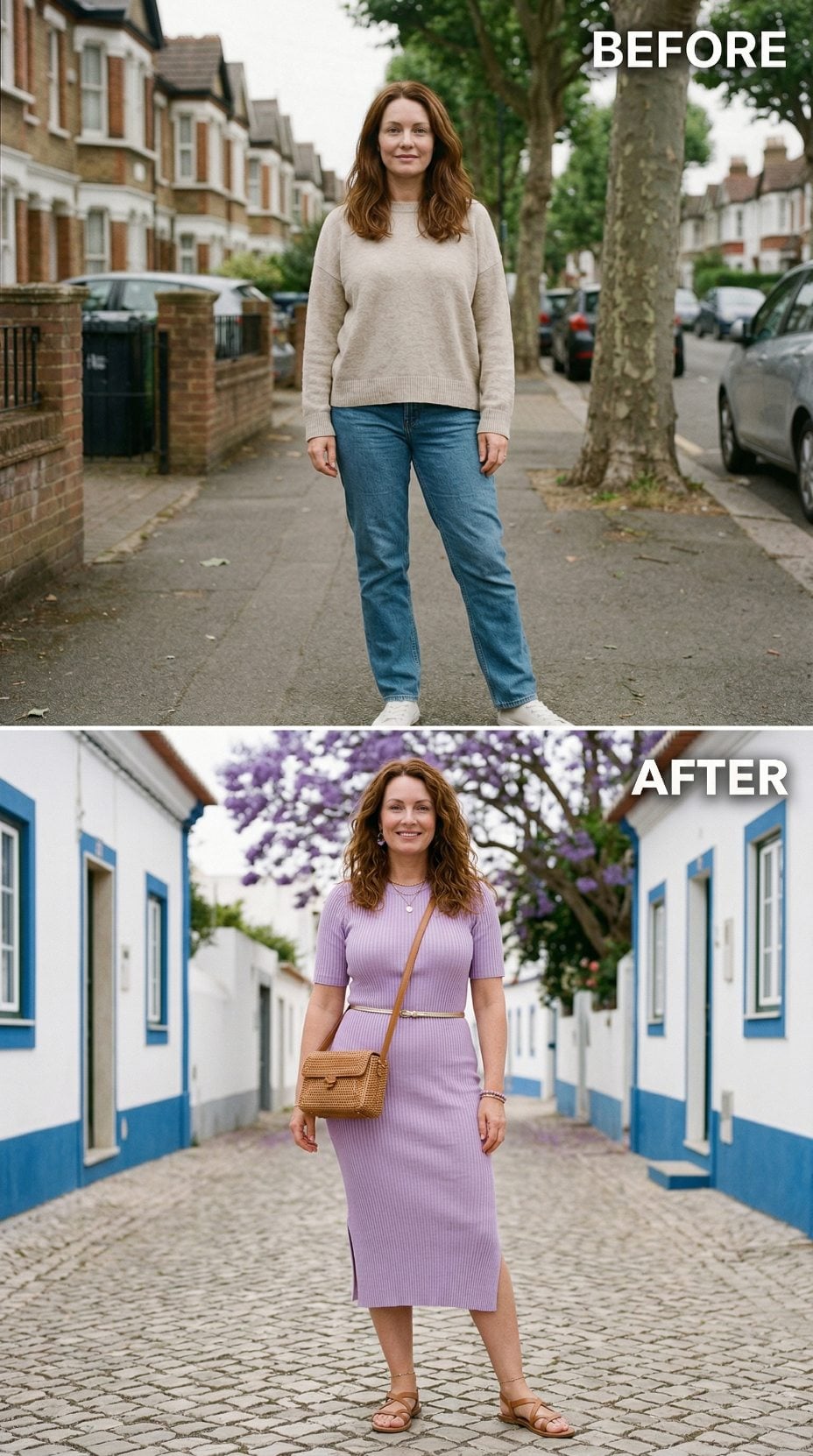 Lavender Rib Knit Dress Versus Beige Oversized Sweater — Same Woman, Different Energy