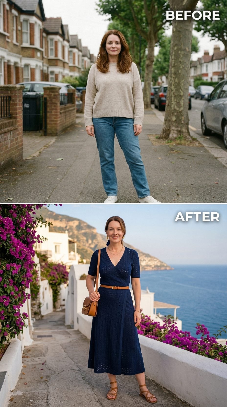 Navy Pointelle Wrap Dress and a Tan Belt Swap a London Pavement for the Mediterranean