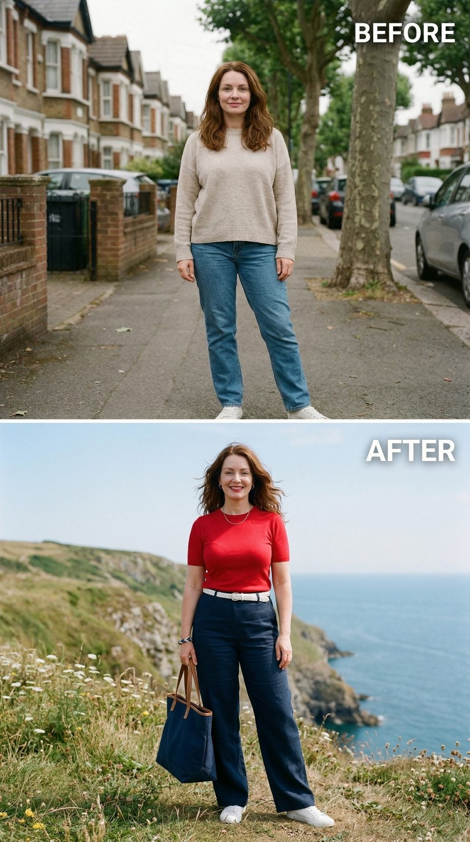 Red Ribbed Knit and Navy Wide-Legs Swap a London Street for Coastal Cliffs