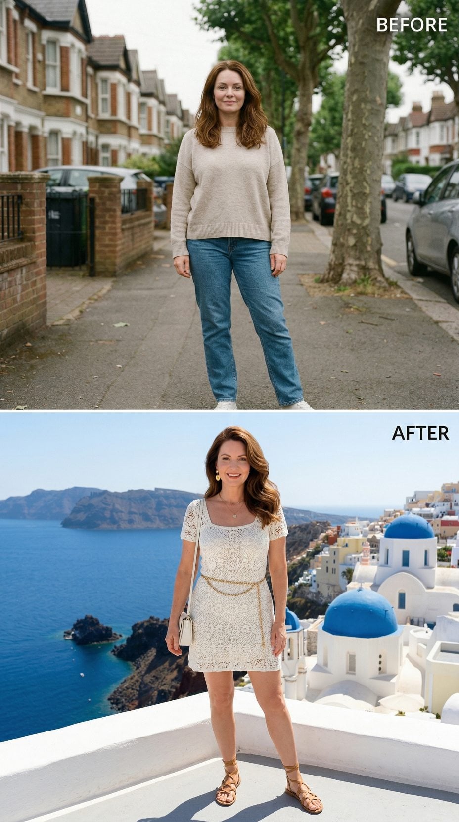 Cream Knit and Blue Jeans Swapped for White Lace in Santorini's Blue-Domed Light