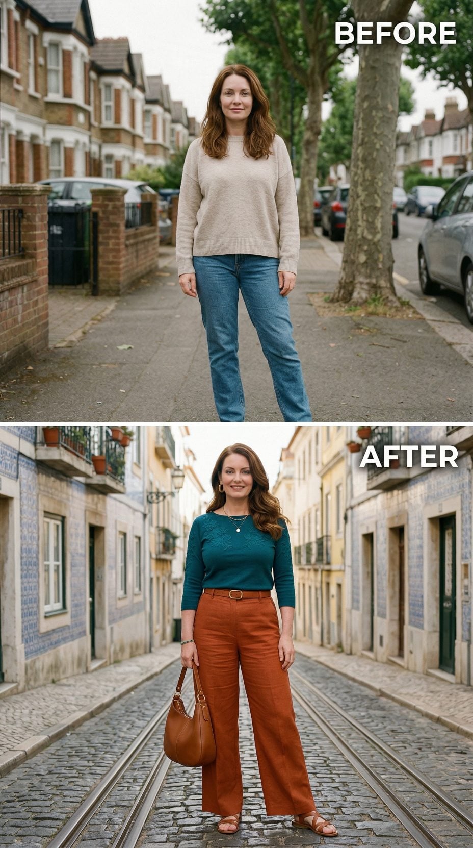Teal Lace Knit and Terracotta Wide-Legs Swap a London Suburb for Lisbon's Tiled Alleyways