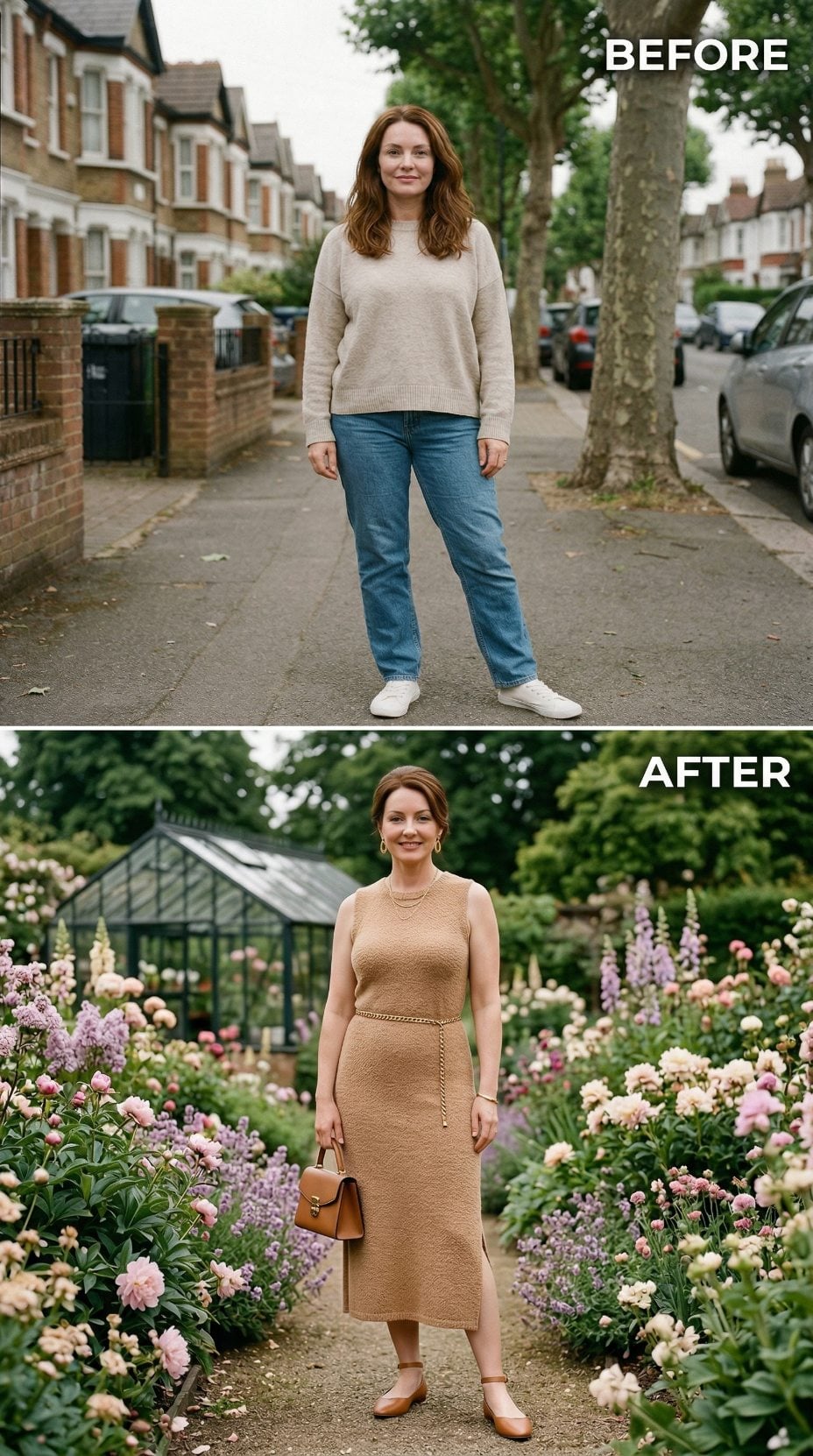 Camel Bouclé Midi and a Chain Belt Swap London Pavement for a Garden in Full Bloom