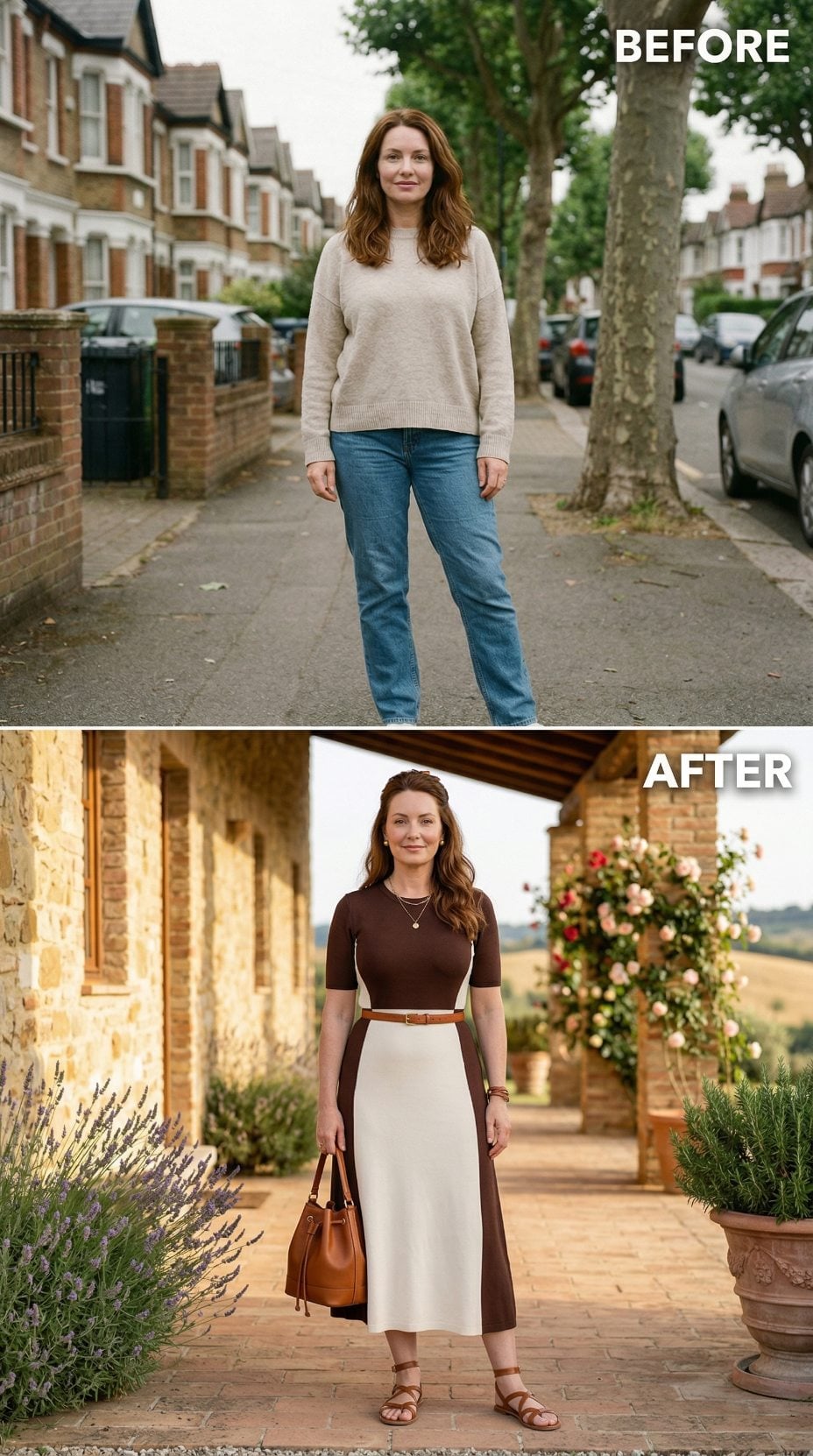 Cream Knit and Blue Jeans Swap a London Suburb for a Tuscan Terrace in Brown and Ivory