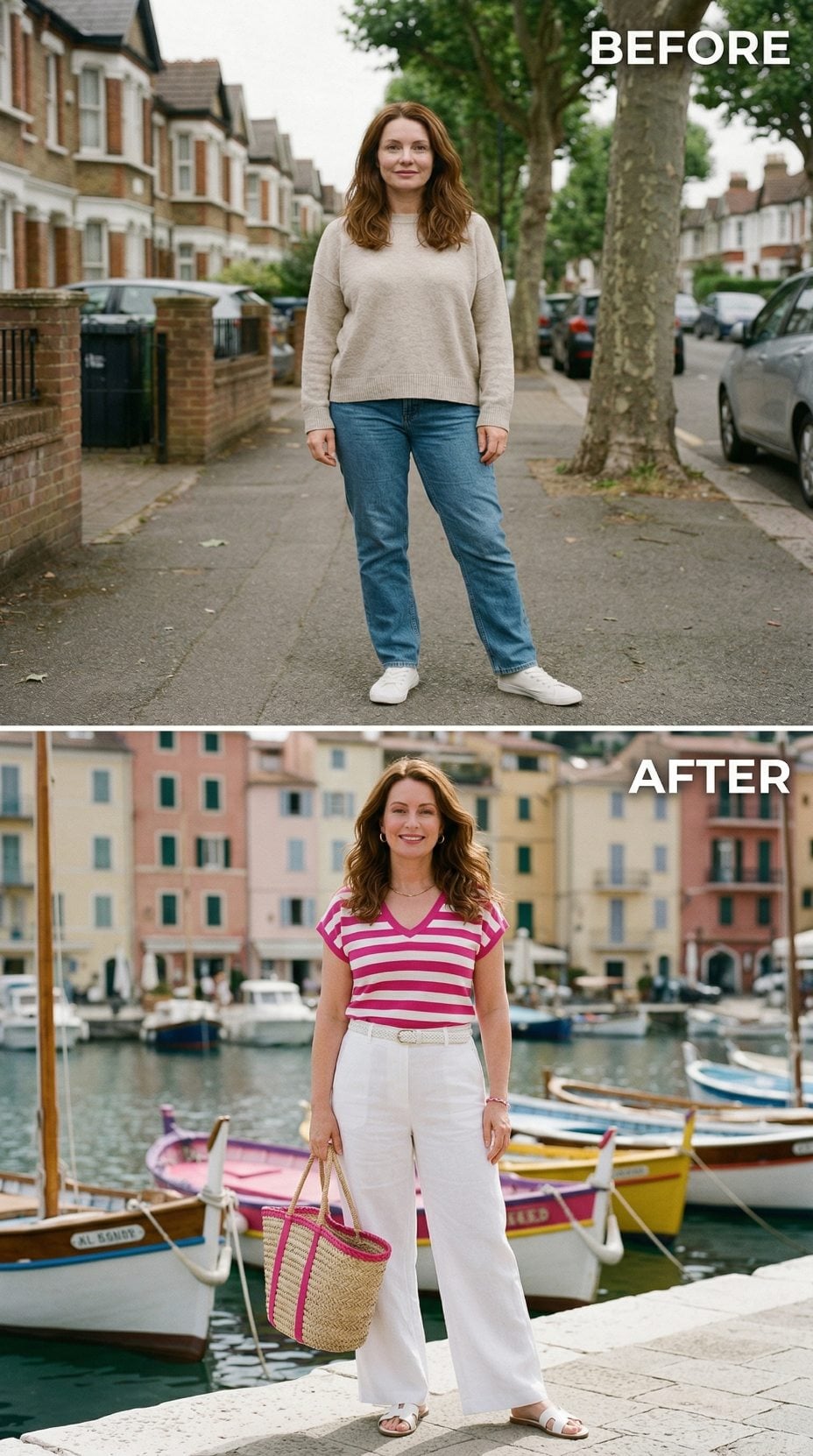 Oatmeal Knit and Blue Jeans Swap a London Pavement for Portofino's Harbour