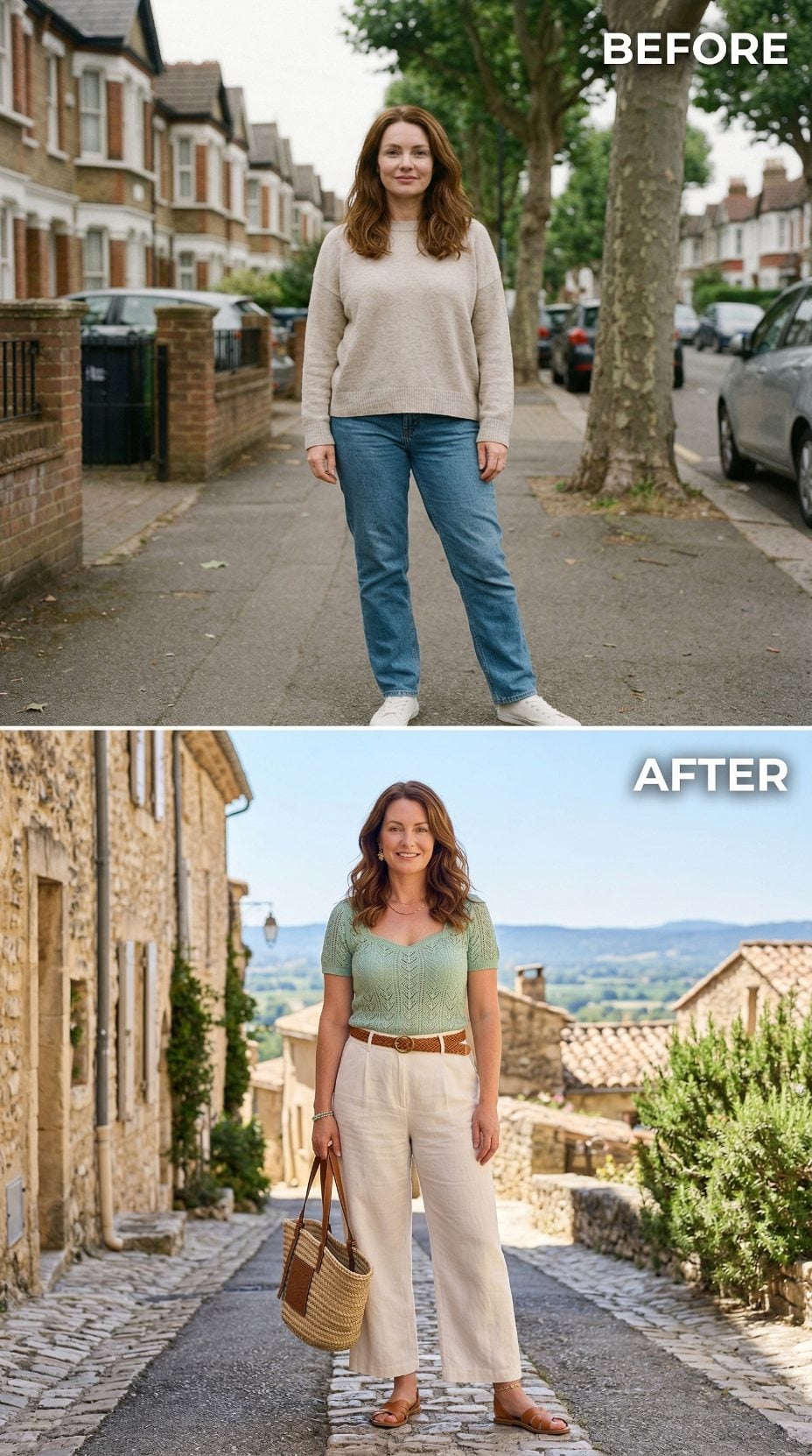 Sage Pointelle Knit and Cream Linen Wide-Legs Swap a London Suburb for a French Village Hill