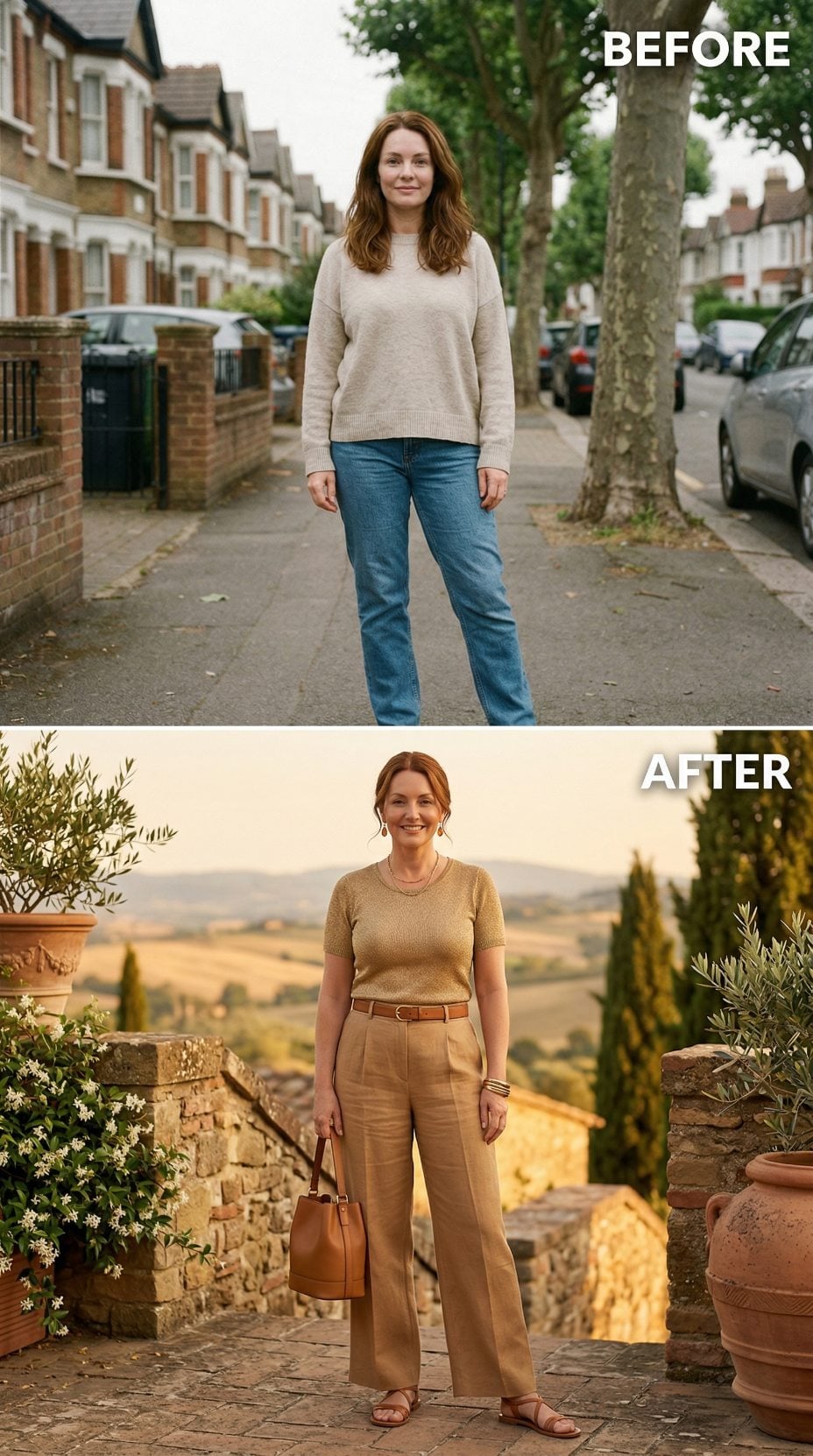 Gold Shimmer Knit and Tan Wide-Legs Land in Tuscany's Late-Afternoon Light