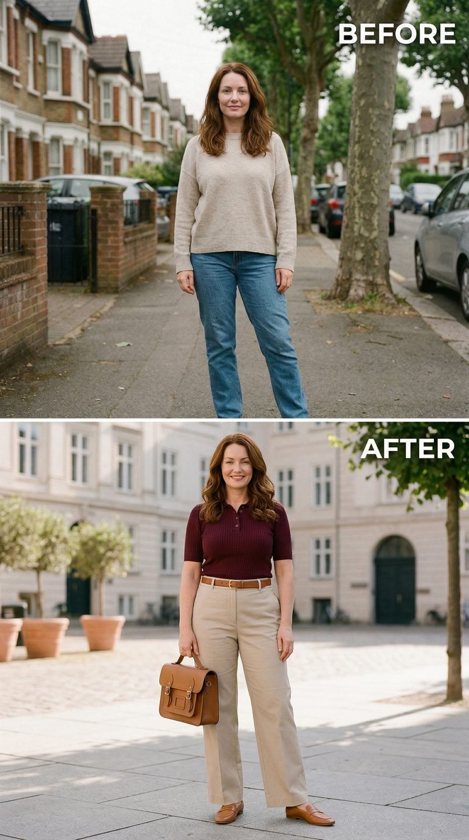 Burgundy Polo Knit and Khaki Trousers Swap a London Side Street for a Sun-Washed European Square