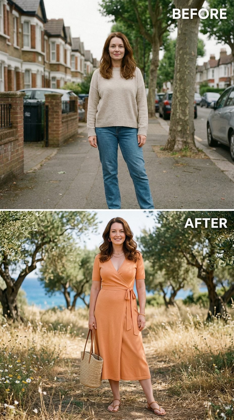 Oatmeal Sweater and Blue Jeans Swap a London Street for an Olive Grove by the Sea