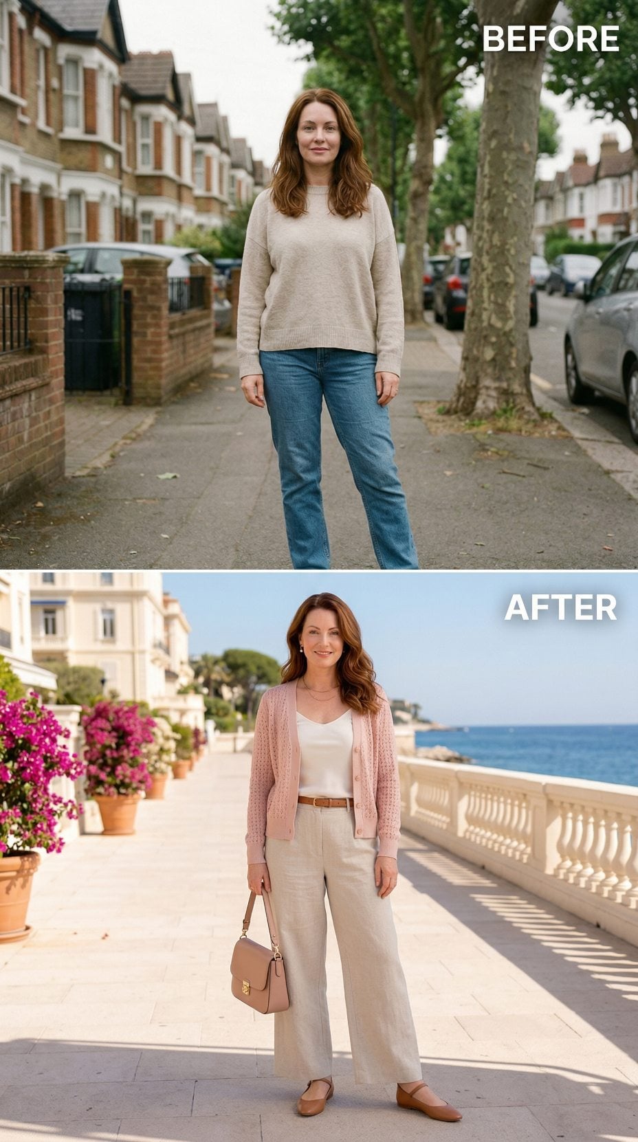 Beige Knit and Blue Jeans Out, Pink Pointelle Cardigan and Wide-Leg Linen In