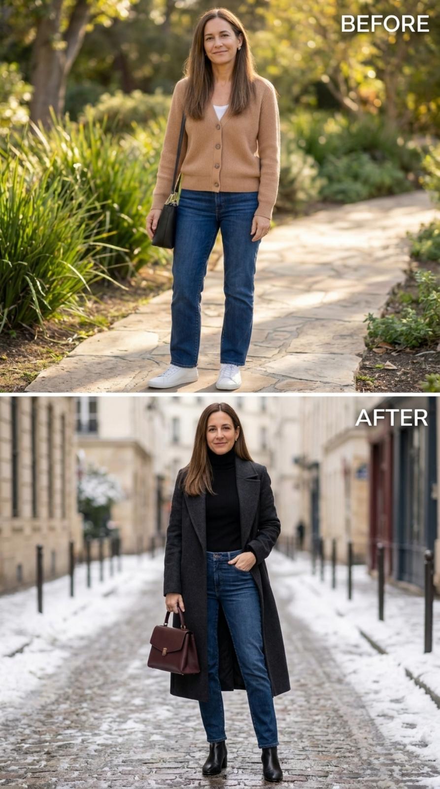 Wool Coat, Turtleneck, and the Snow-Dusted Cobblestones That Deserve Both