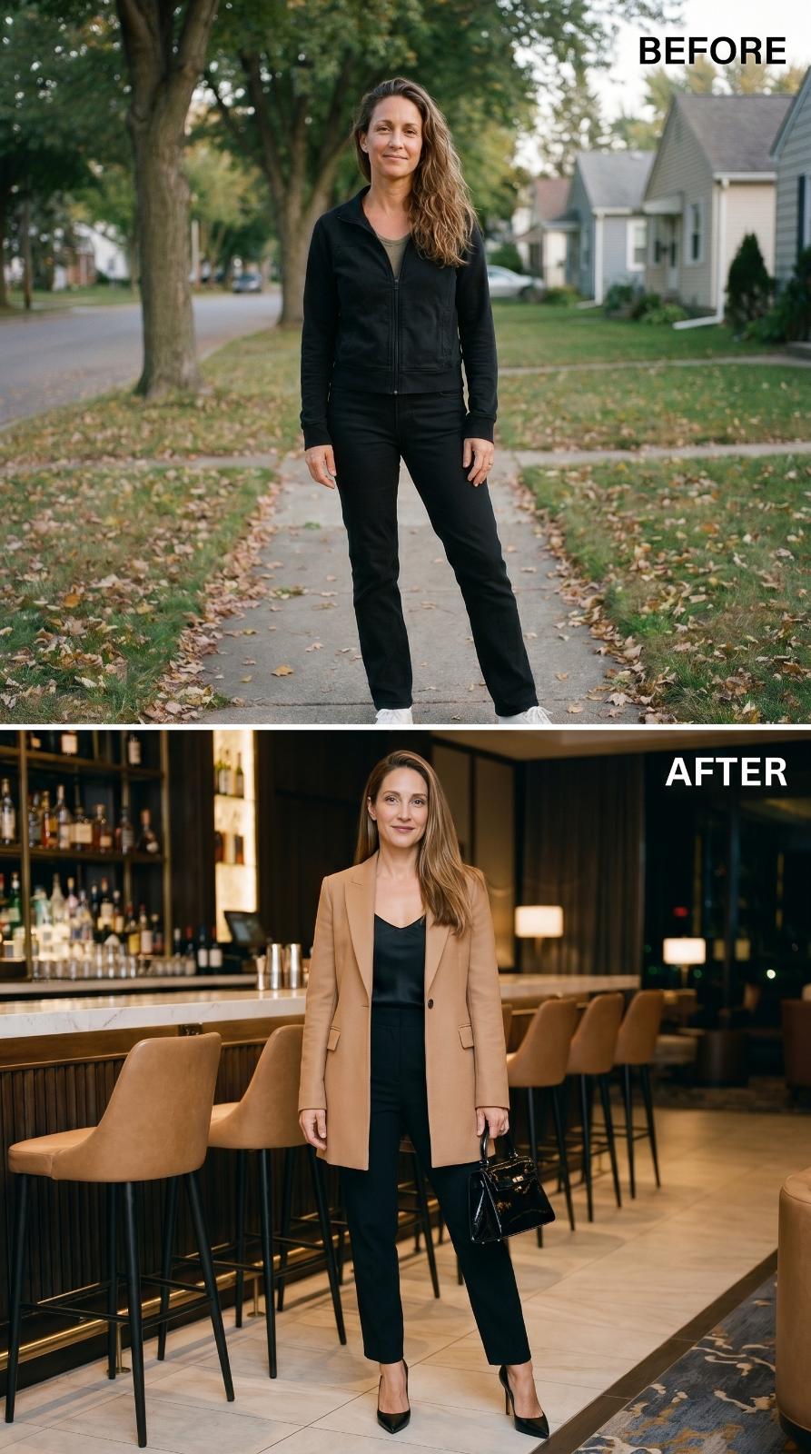 Camel Blazer, Black Satin, and a Bar Stool She Didn't Save for Anyone Else