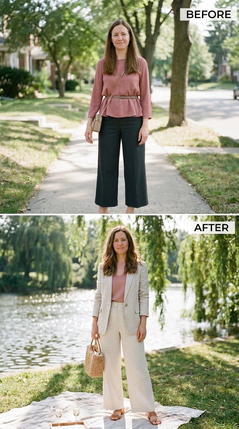 Linen Blazer, Pink Tee, and the Lakeside Afternoon She Actually Dressed For
