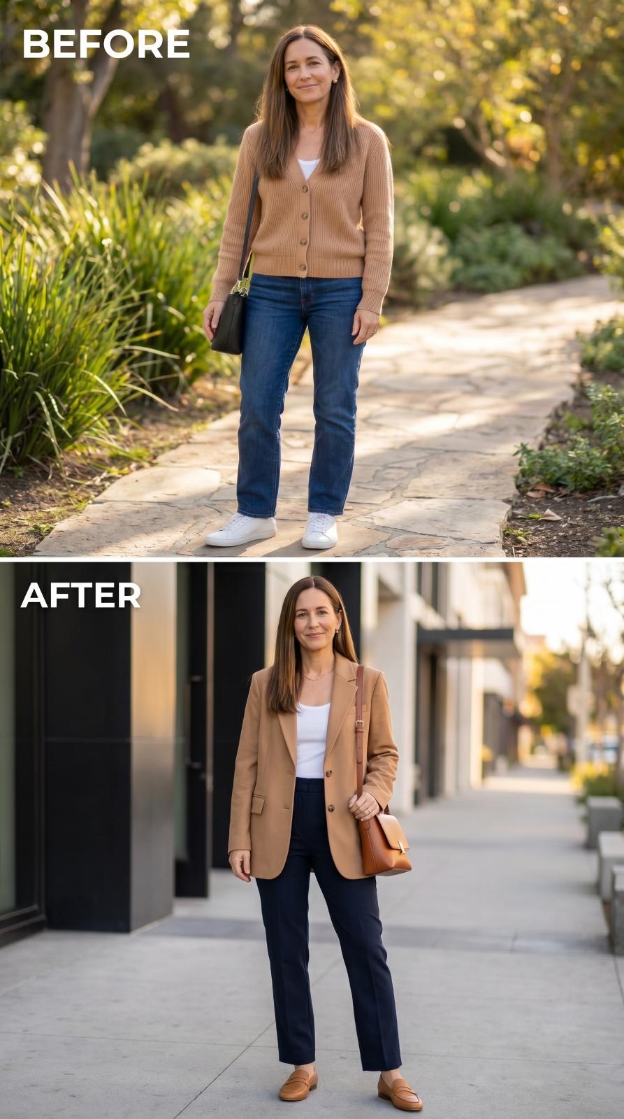 Camel Blazer, Navy Trousers, and the Sidewalk That Finally Matches the Polish