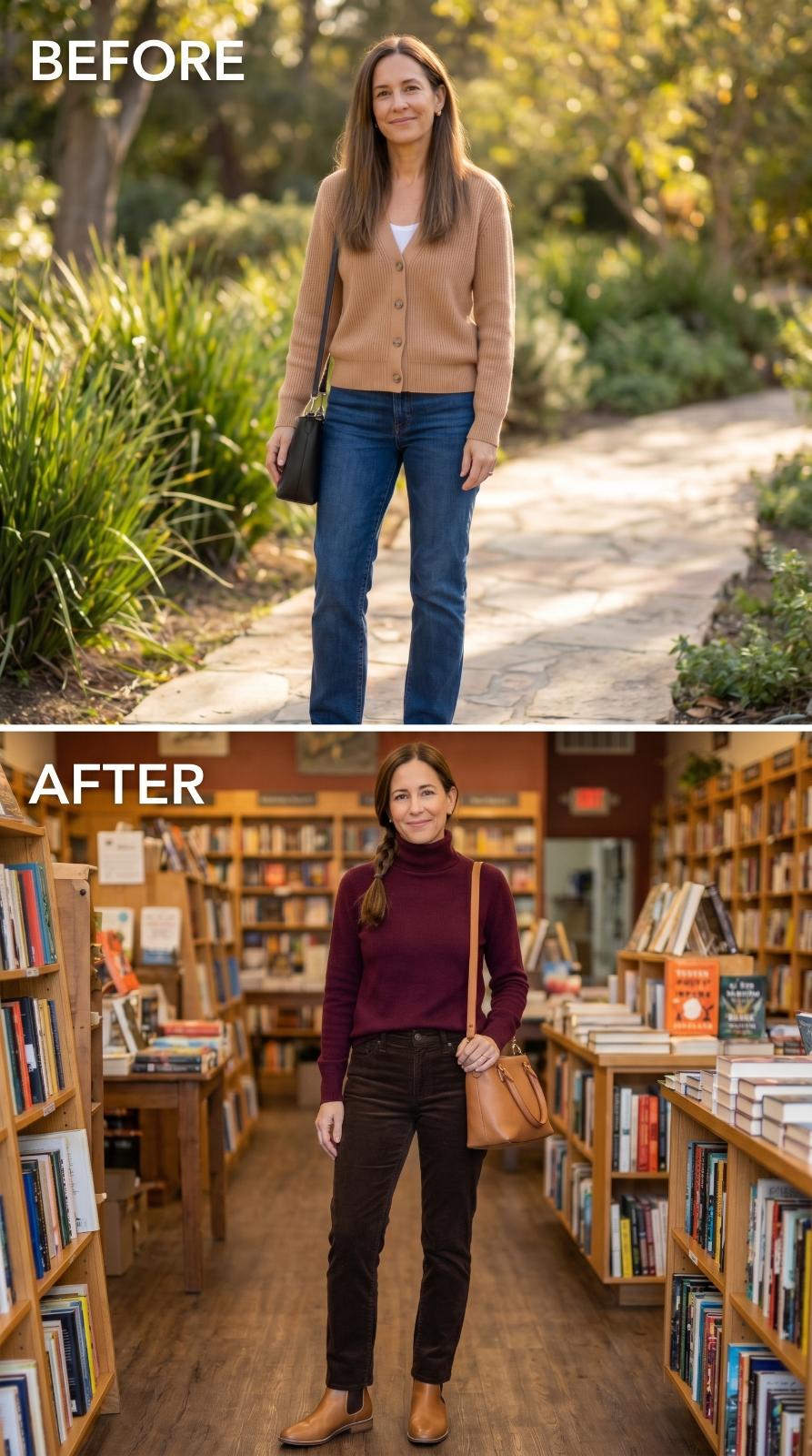 Burgundy Turtleneck, Dark Cords, and the Bookshop Aisle That Earns the Whole Palette