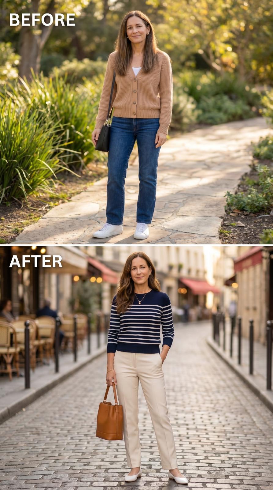 Navy Breton Stripes, Cream Trousers, and the Cobblestone Street That Finally Matches the Confidence
