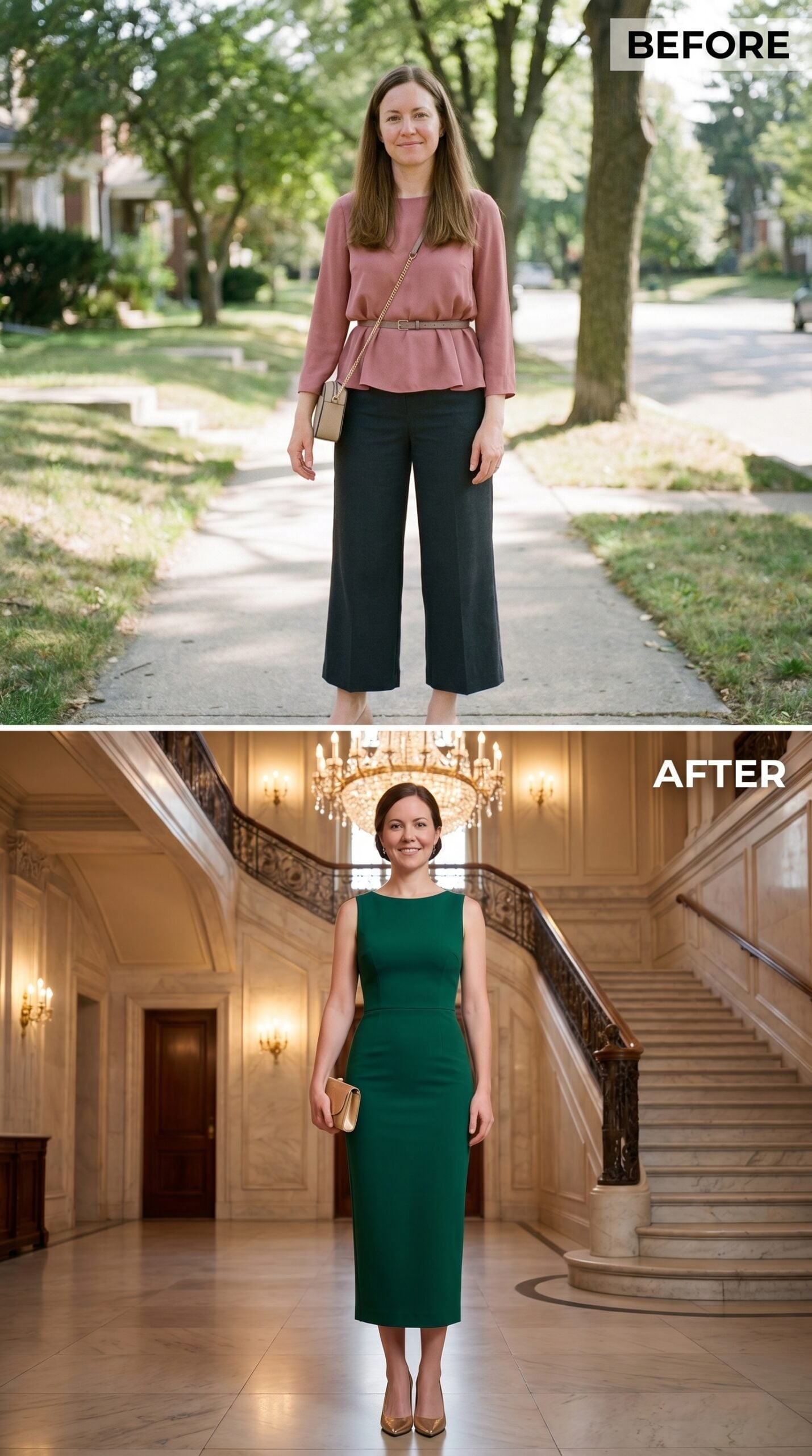 Forest Green at a Grand Staircase and She Dressed Like She Knew the Room