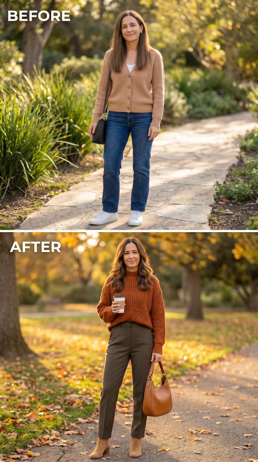 Rust Sweater, Olive Trousers, and the Leaf-Strewn Path That Earns the Whole Season