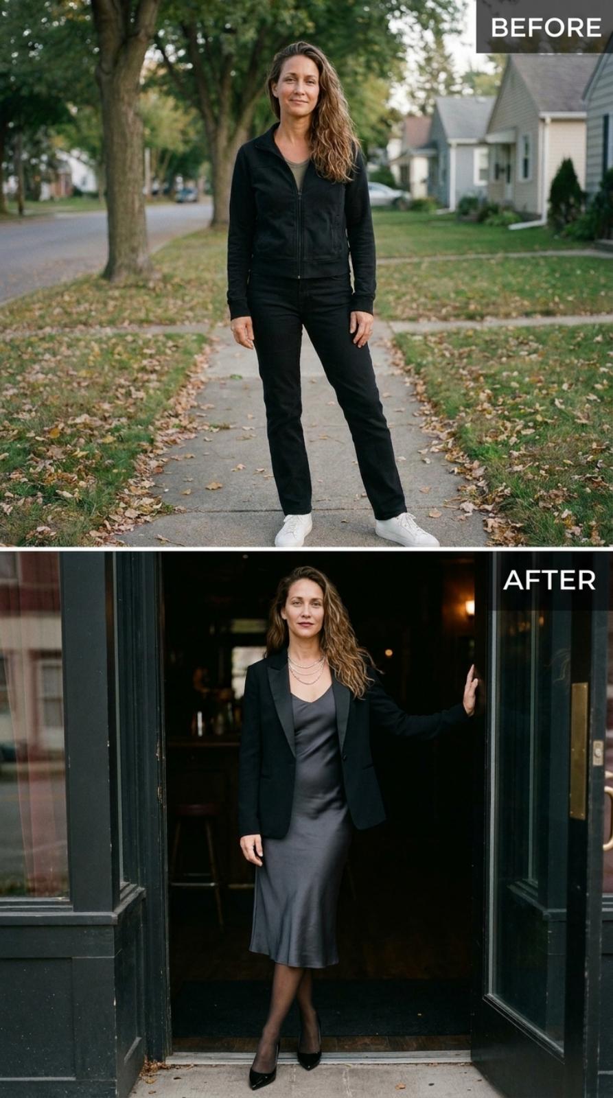 Charcoal Slip Dress, Black Blazer, and She Opened the Door Herself