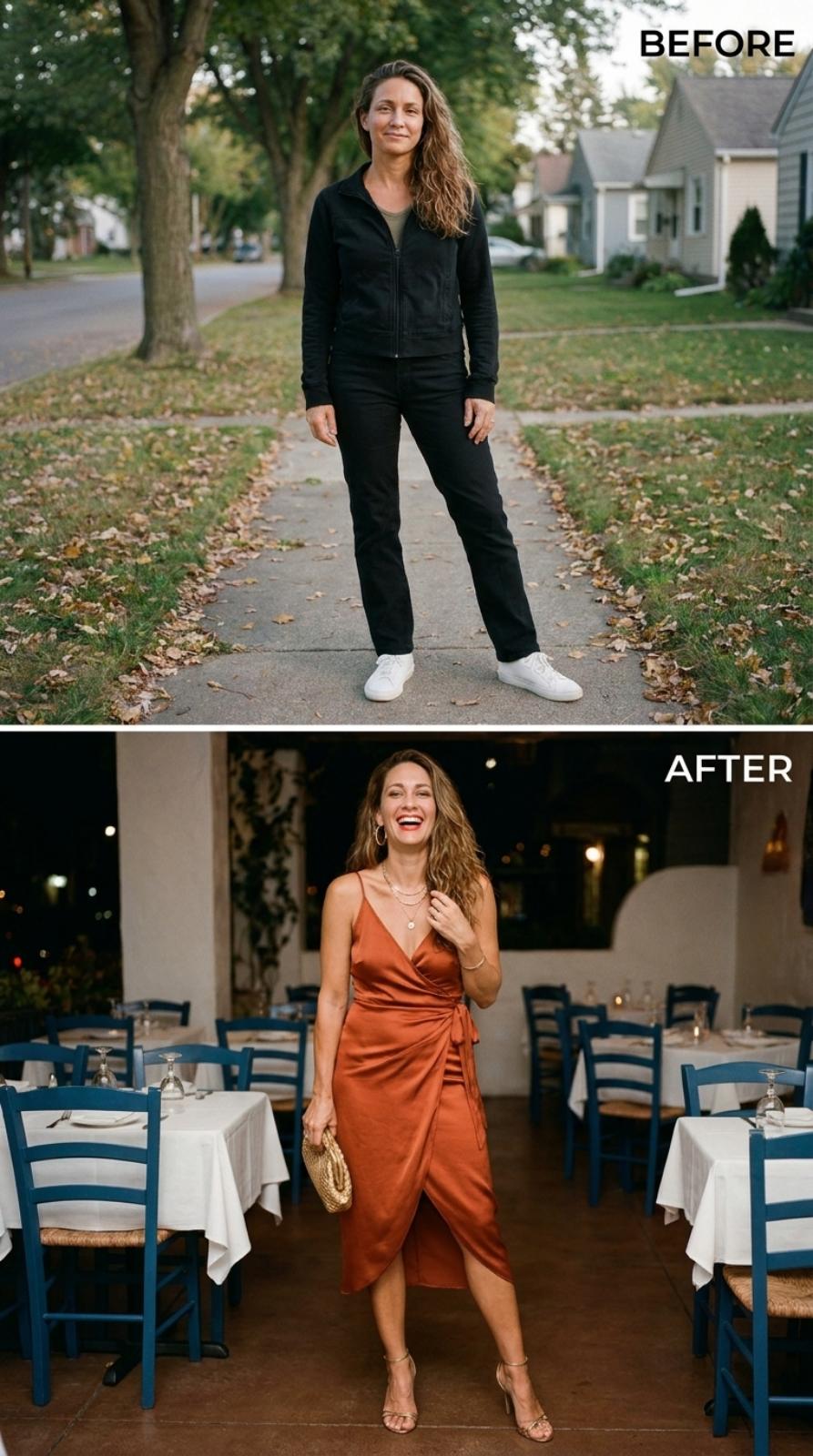 Burnt Orange Wrap Dress, Gold Hoops, and She Laughed First
