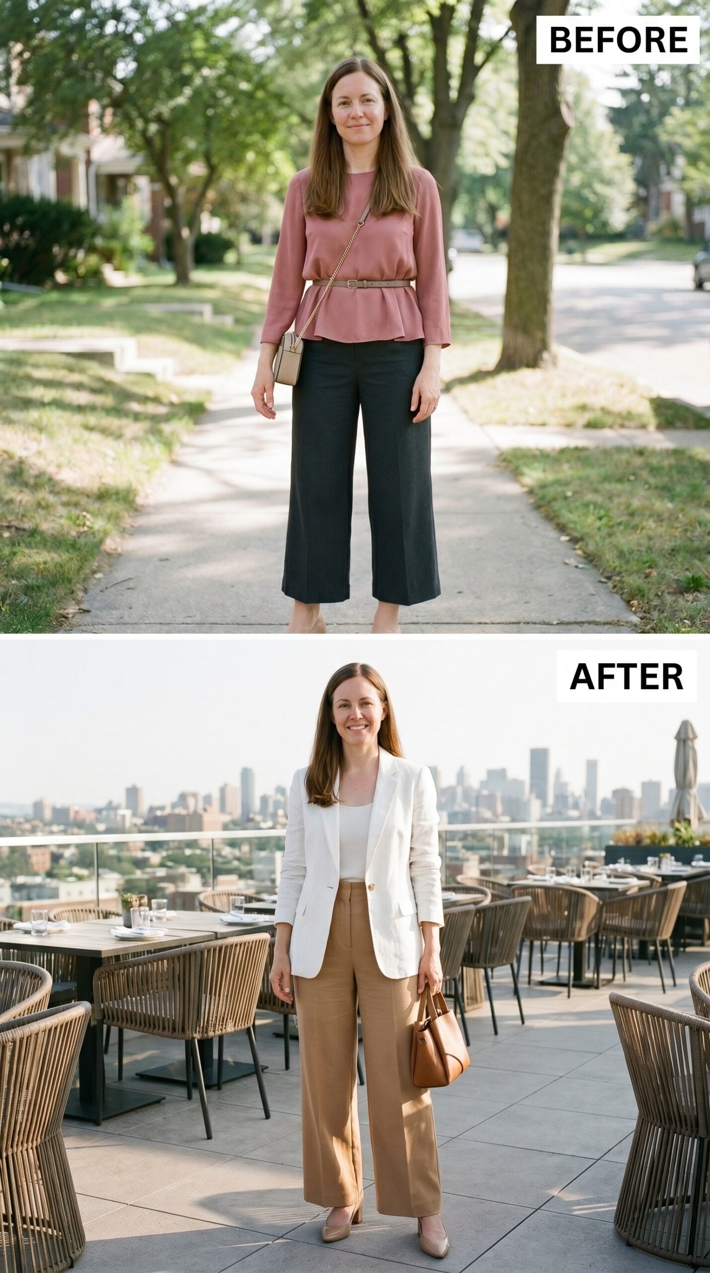 Rooftop Dinner, Camel Trousers, and She Dressed Like She'd Already Decided the Night Was Good