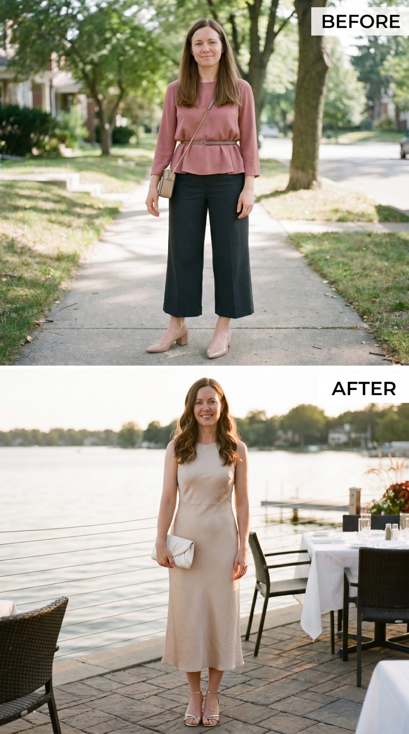 Waterside Table, a Champagne Slip Dress, and She Looked Like the Reservation Was Made for Her
