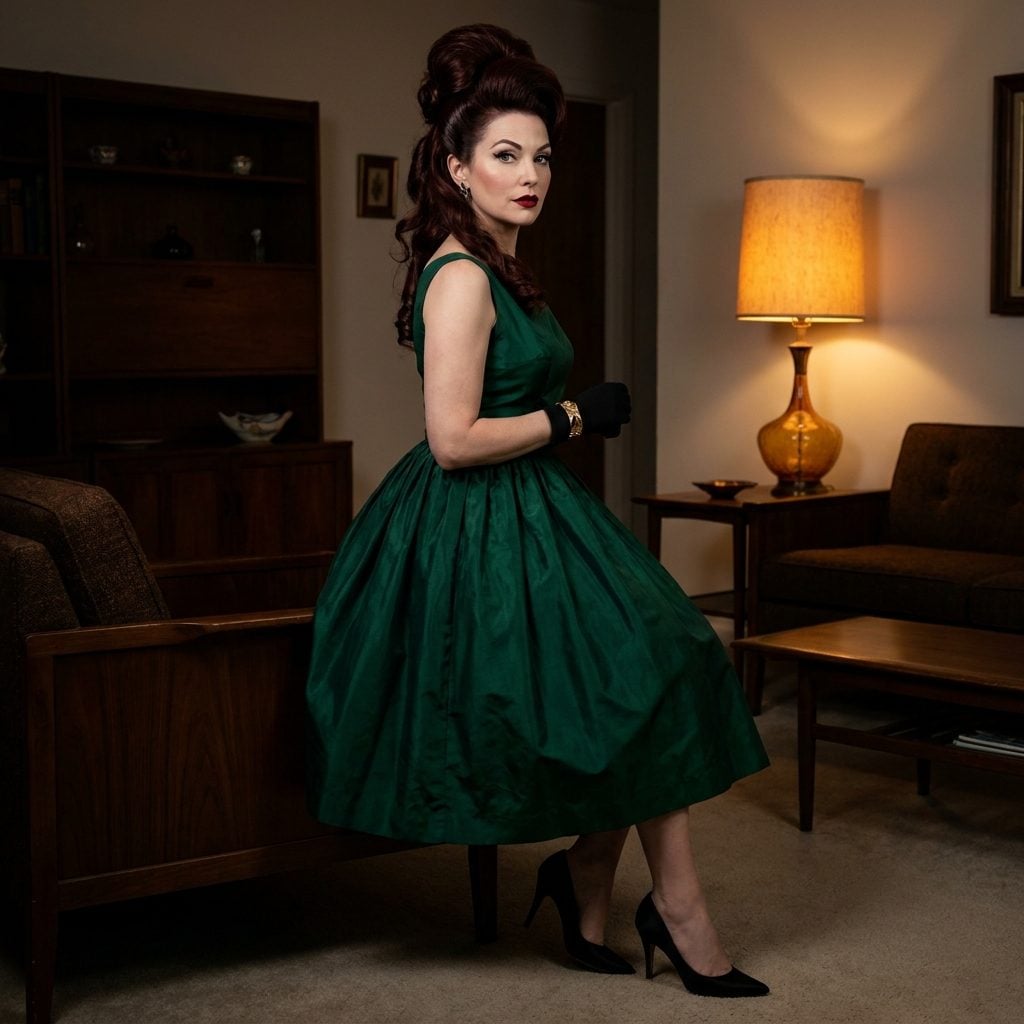 The Dark Auburn Pre-Beehive Updo With Curls at the Neckline