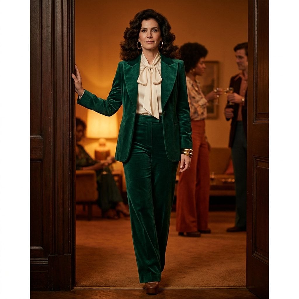 A Velvet Pantsuit in Emerald or Burgundy That Made Every Entrance Theatrical