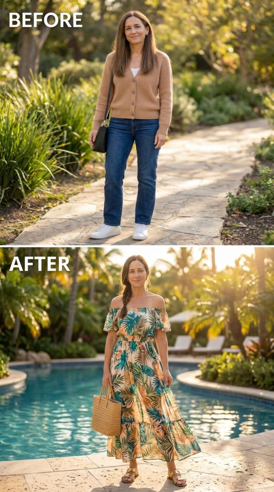Tropical Print, Bare Shoulders, and the Poolside Hour That Finally Got Dressed For