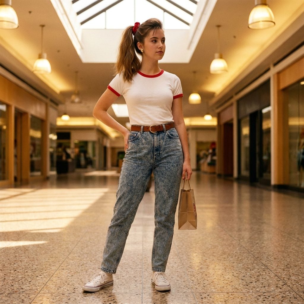 A Tucked-In Ringer Tee With Contrast Trim and High-Waisted Acid-Wash Jeans