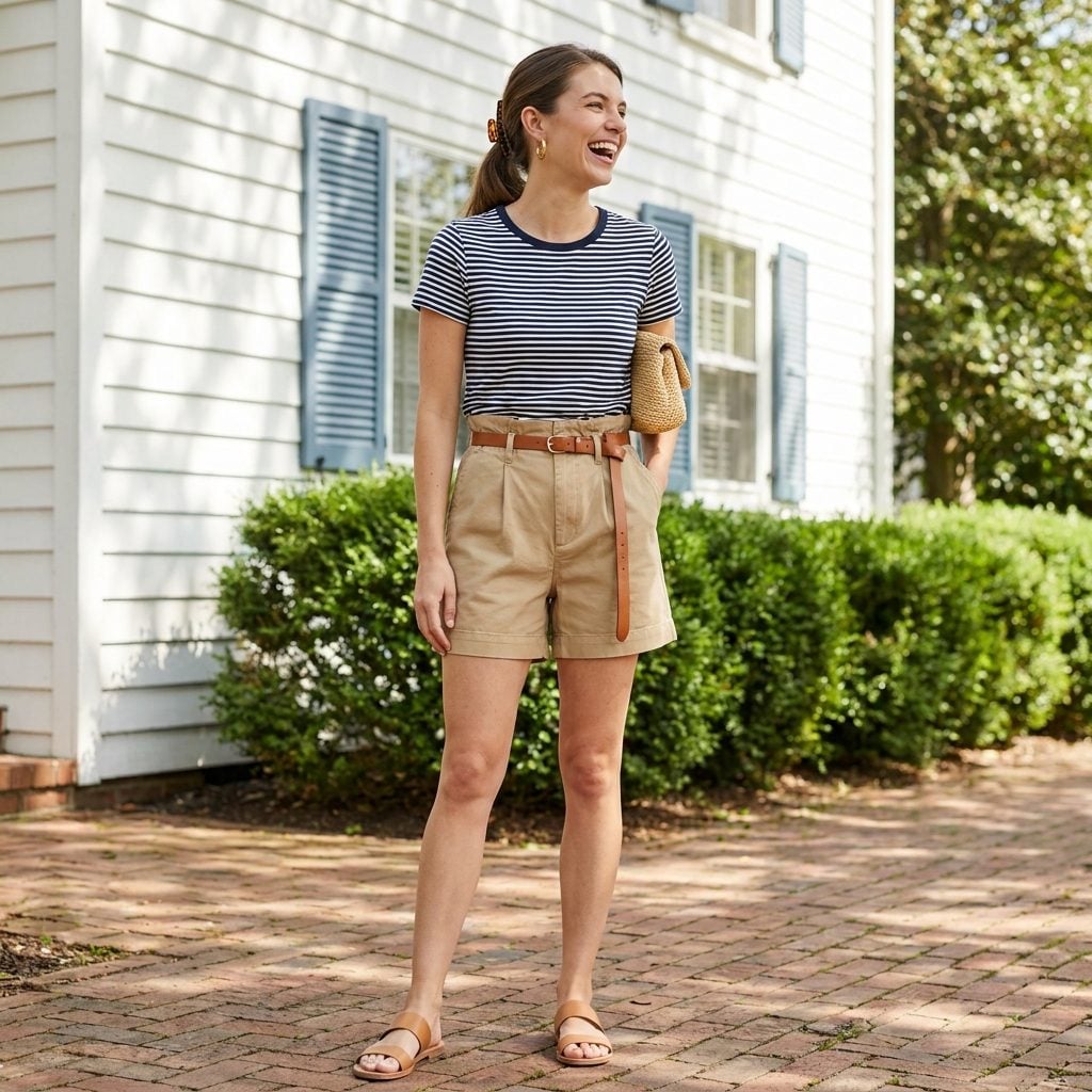 A Tucked-In Striped Tee With Paperbag-Waist Shorts and the Skinniest Belt Known to Womankind