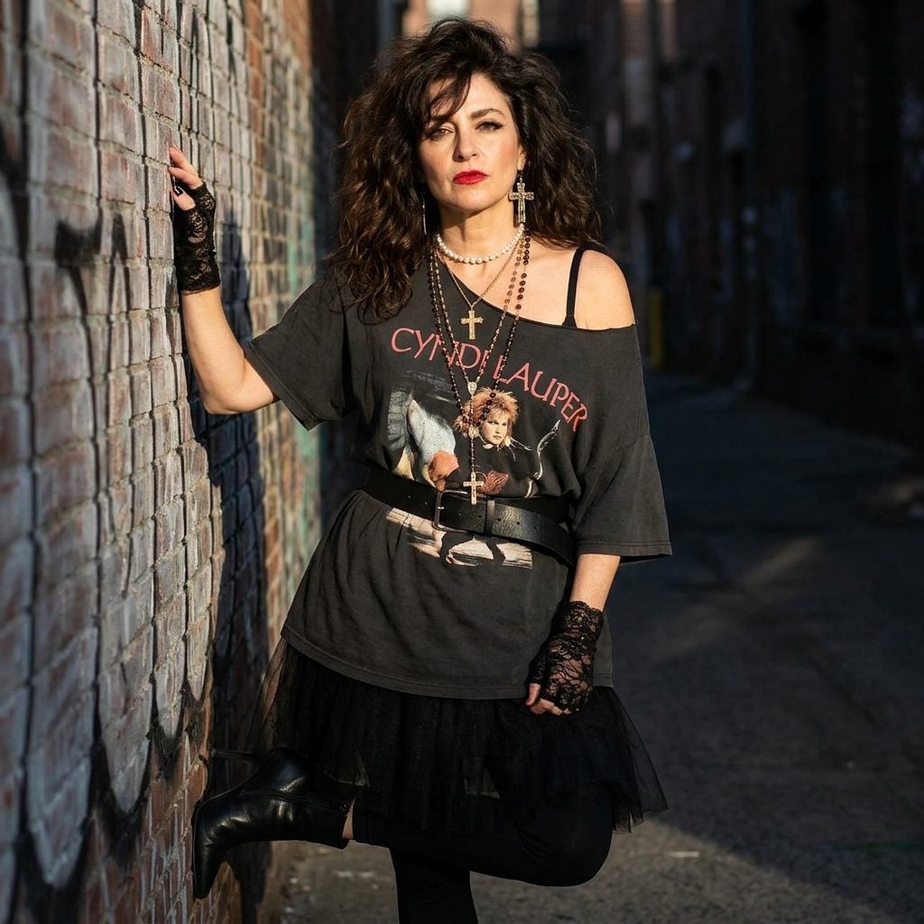 An Oversized Band Tee With Lace Gloves and Layered Necklaces, Because the MTV Era Demanded It