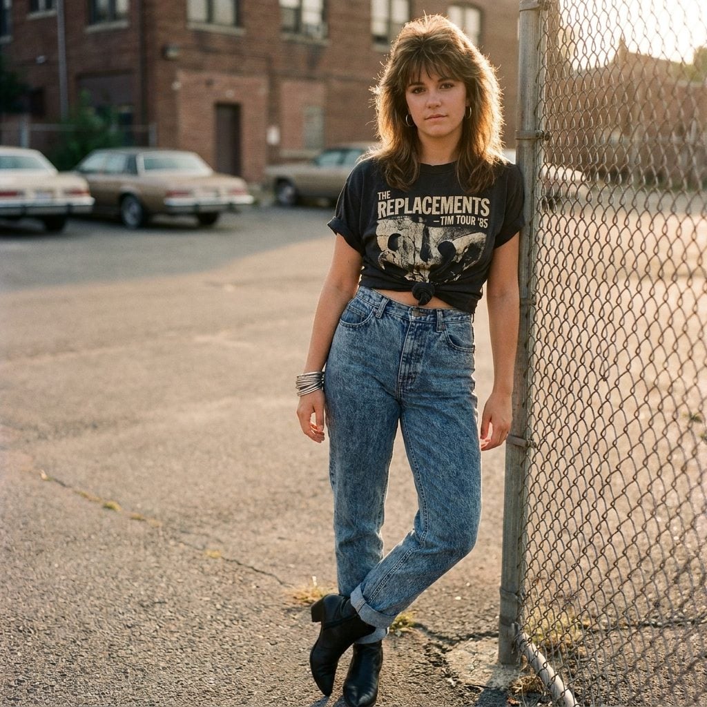 A Cropped Concert Tee Tied in a Knot Above Pegged Jeans