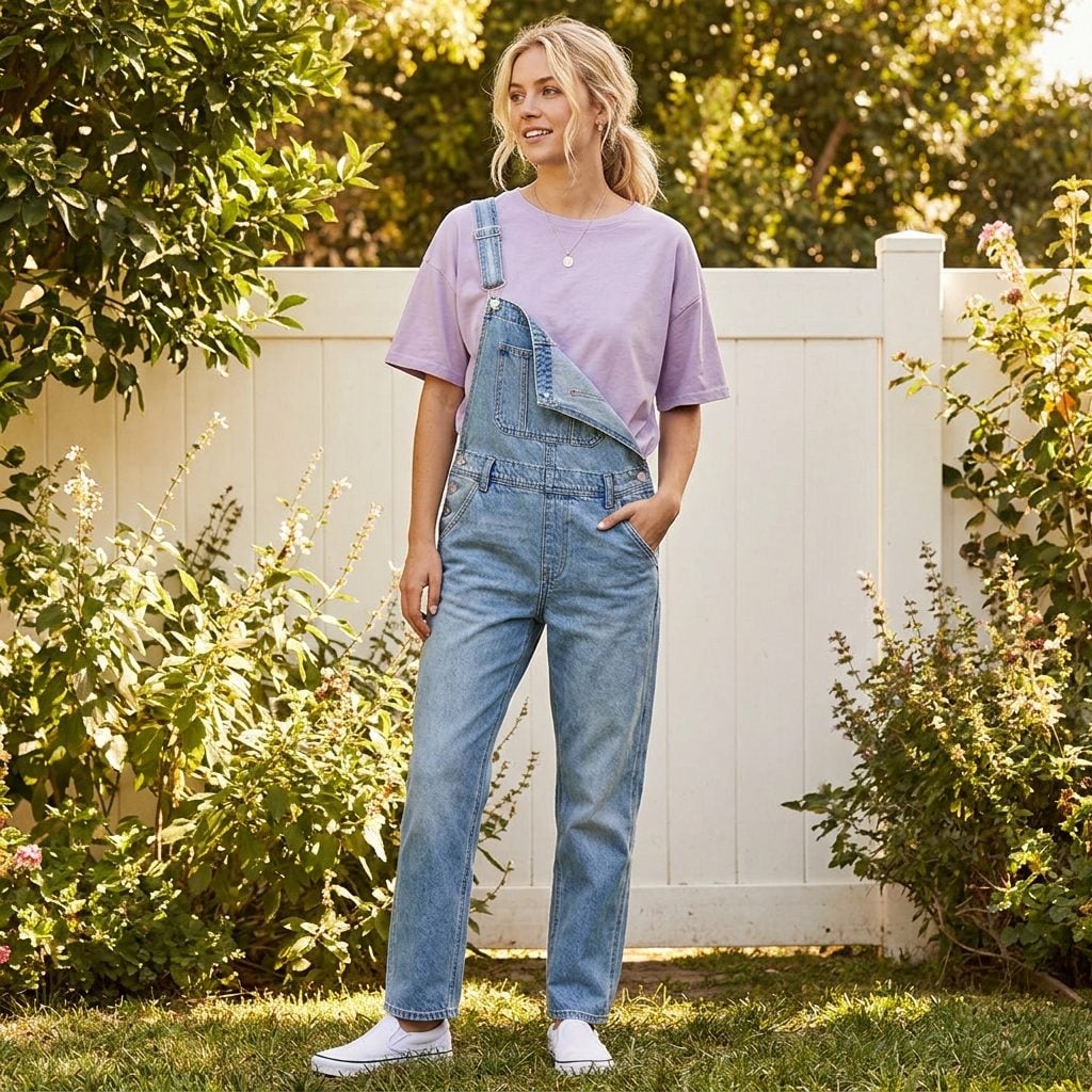 The Slouchy Pastel T-Shirt Layered Under Denim Overalls