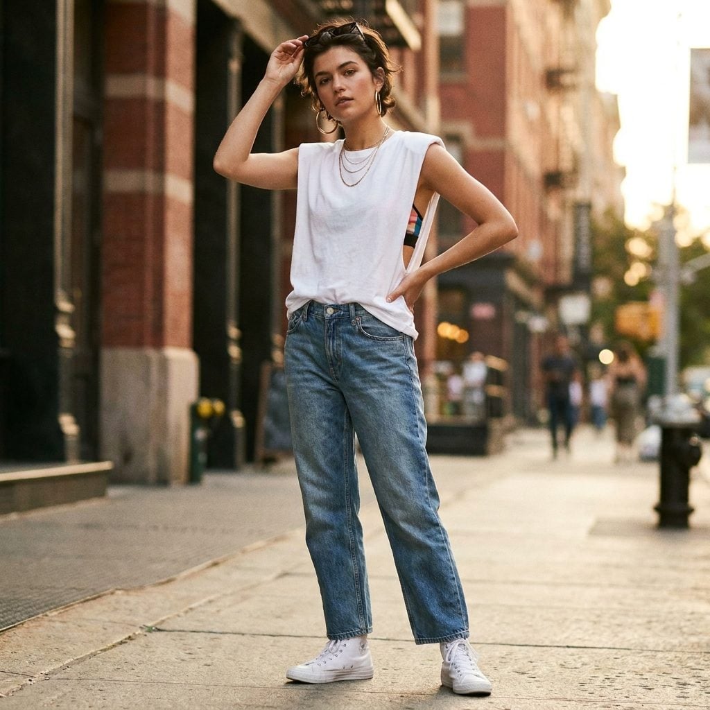 The Sleeveless Muscle Tee With Rolled Cuffs and Oversized Hoop Earrings