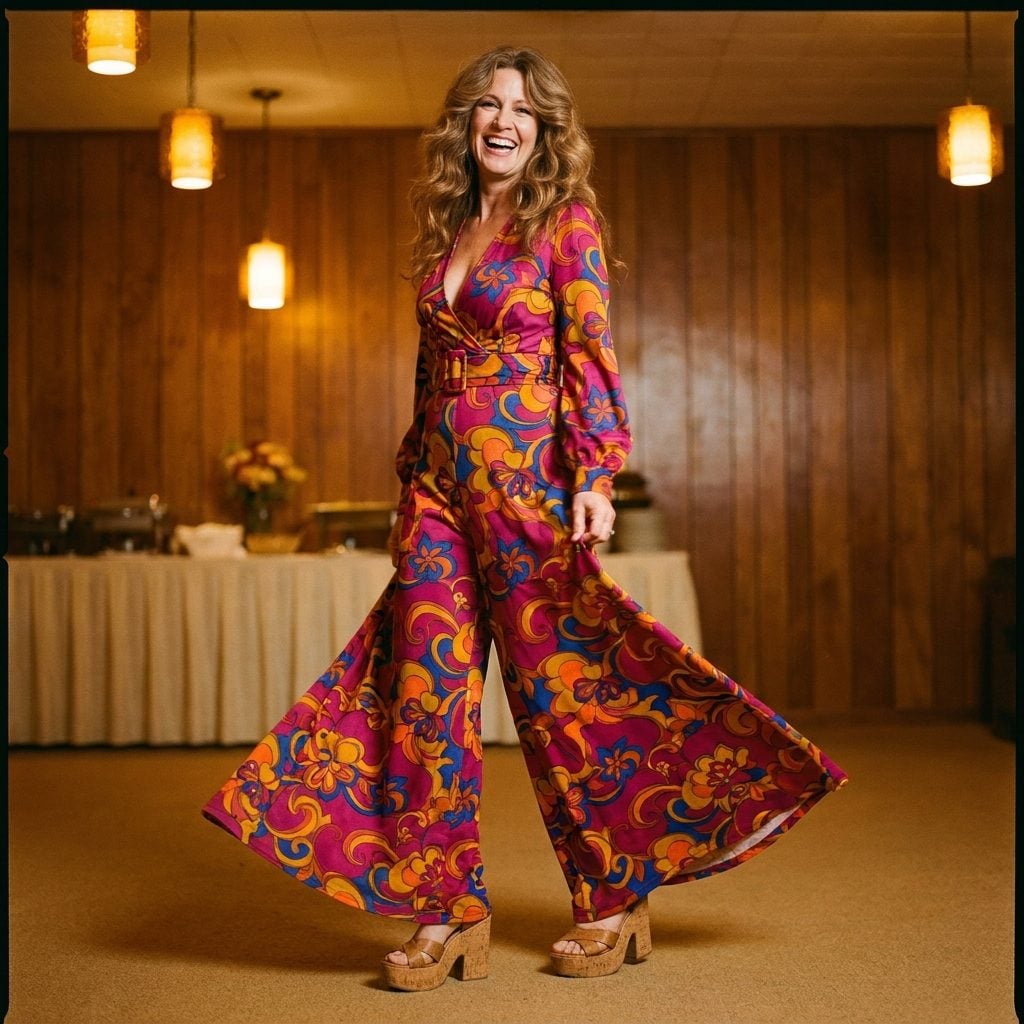 Bell-Bottom Jumpsuits in Psychedelic Floral That Made the Receiving Line Genuinely Difficult to Navigate