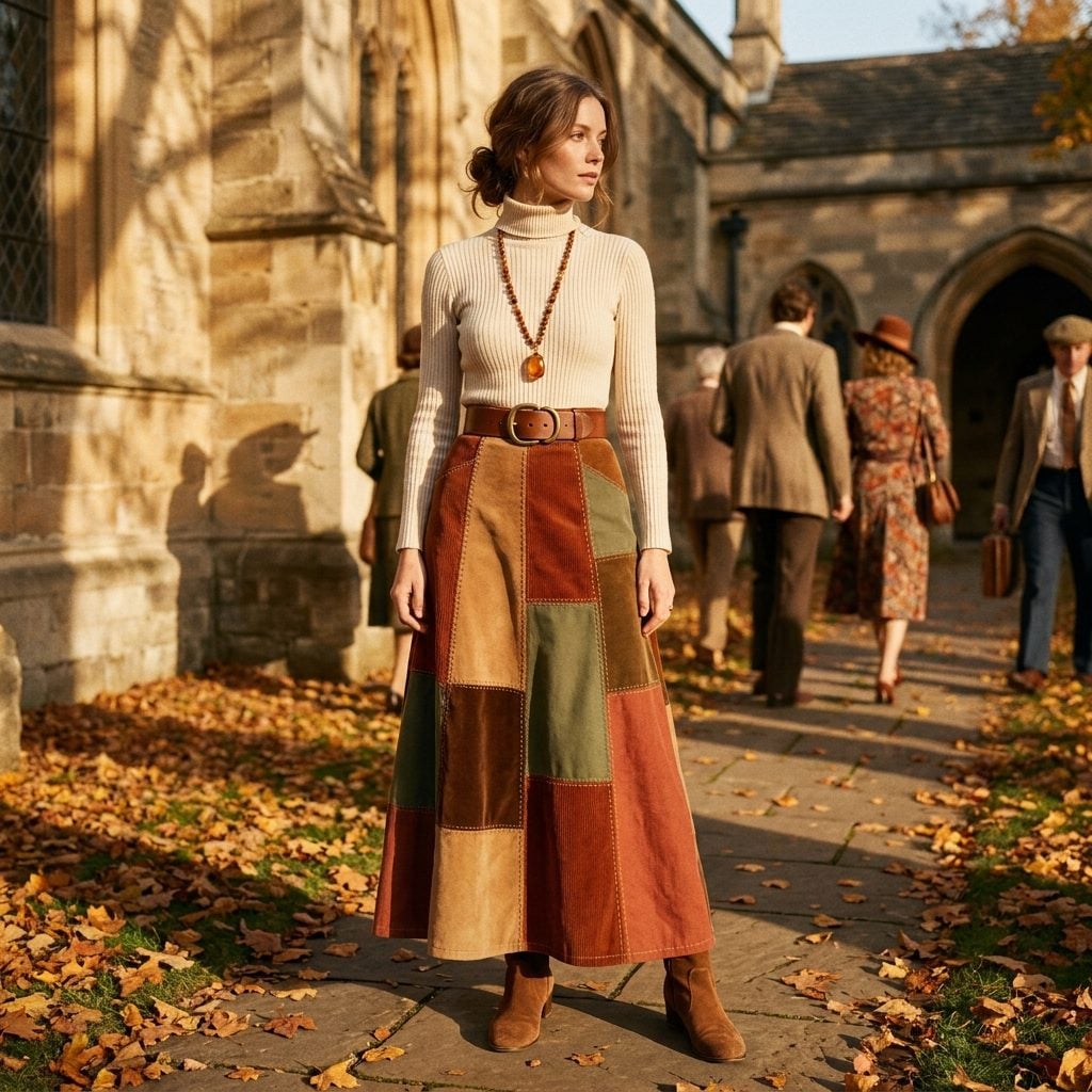 Earth-Tone Patchwork Skirts Sewn From What Appeared to Be Several Other Skirts