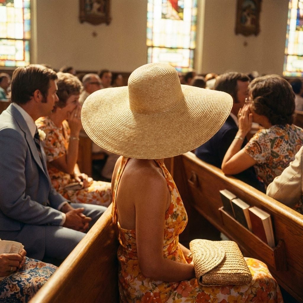 The Oversized Floppy Sun Hat Worn Indoors, During the Ceremony, Blocking the View of Everyone in Rows Two Through Seven